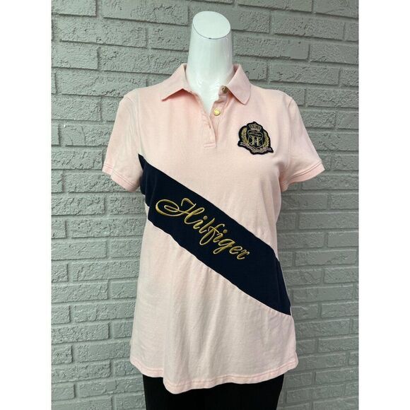 Tommy Hilfiger Women Pink Embroidered Logo / Crest Polo Shirt Size L - Picture 1 of 8